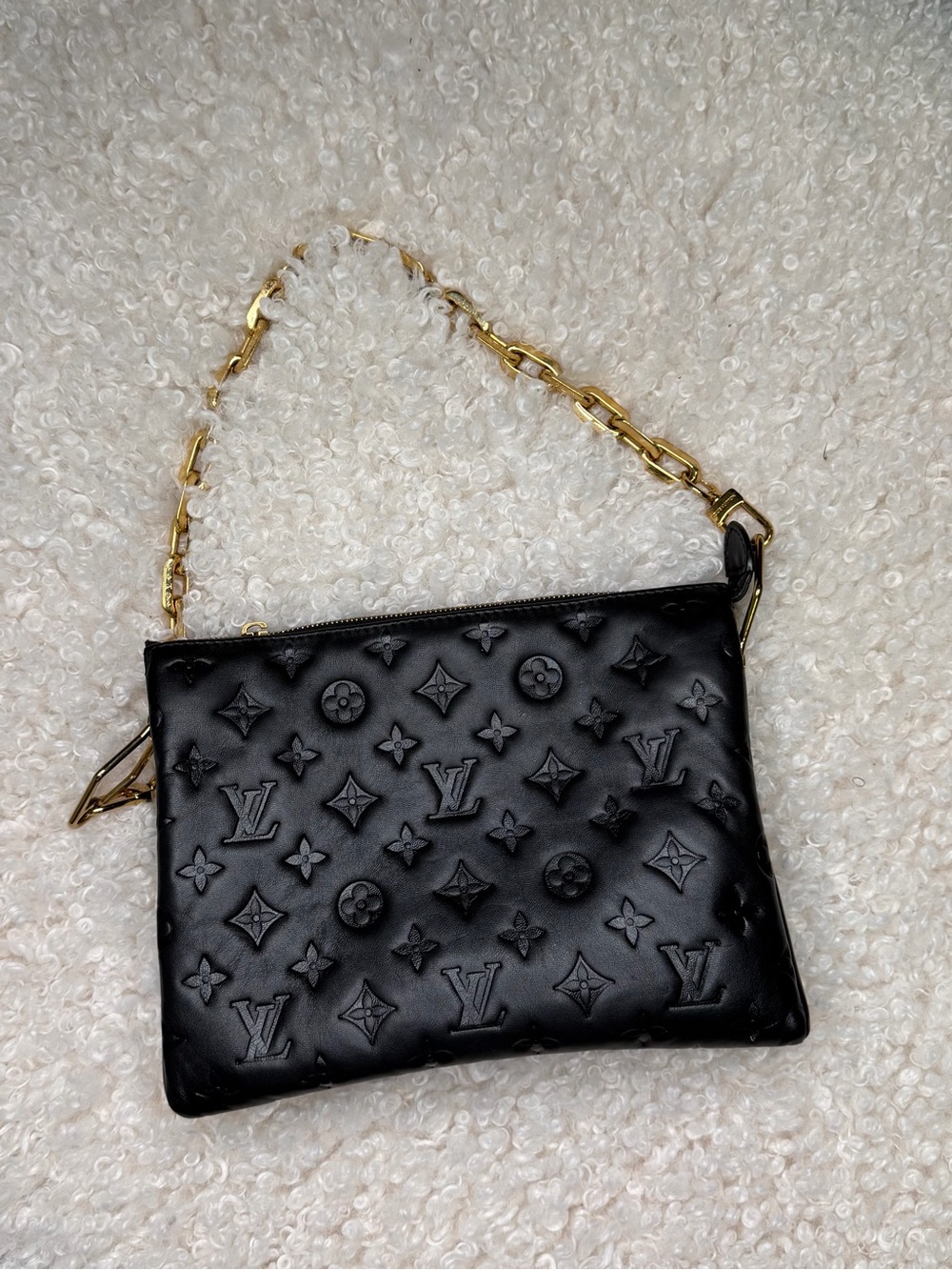 Louis Vuitton Black Embossed Leather Wristlet with Gold Chain Strap